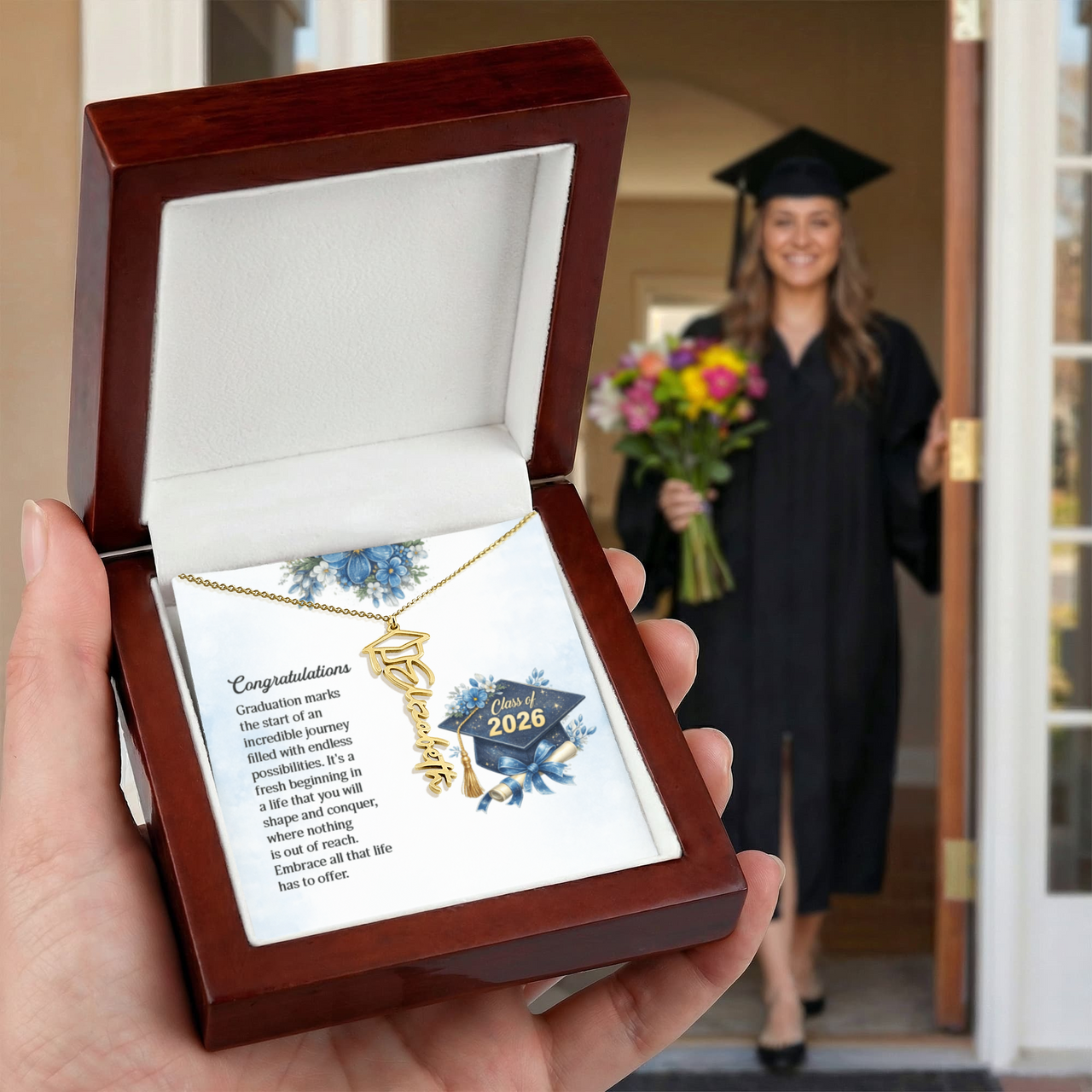Graduation Cap Name Necklace - Congratulations, Graduation Marks