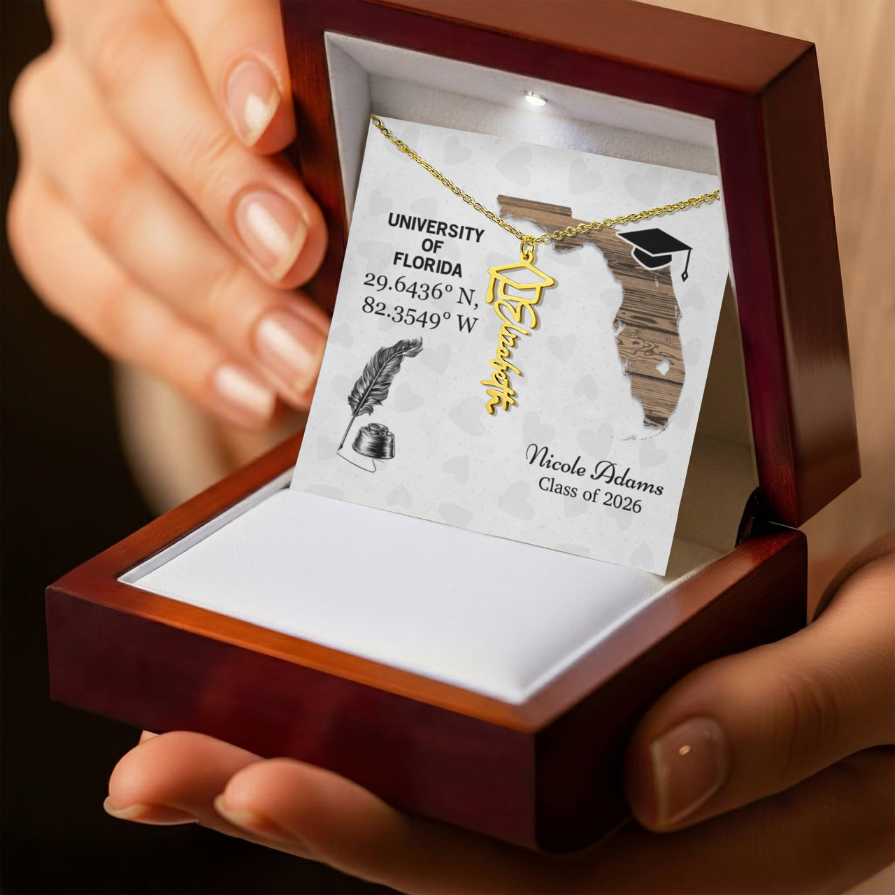 Personalized Graduation Cap Name Necklace - University Coordinates