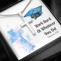 Artisan Cross Necklace with Snake Chain - Graduation, Religion, Work Hard At Whatever You Do
