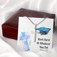 Artisan Cross Necklace with Snake Chain - Graduation, Religion, Work Hard At Whatever You Do