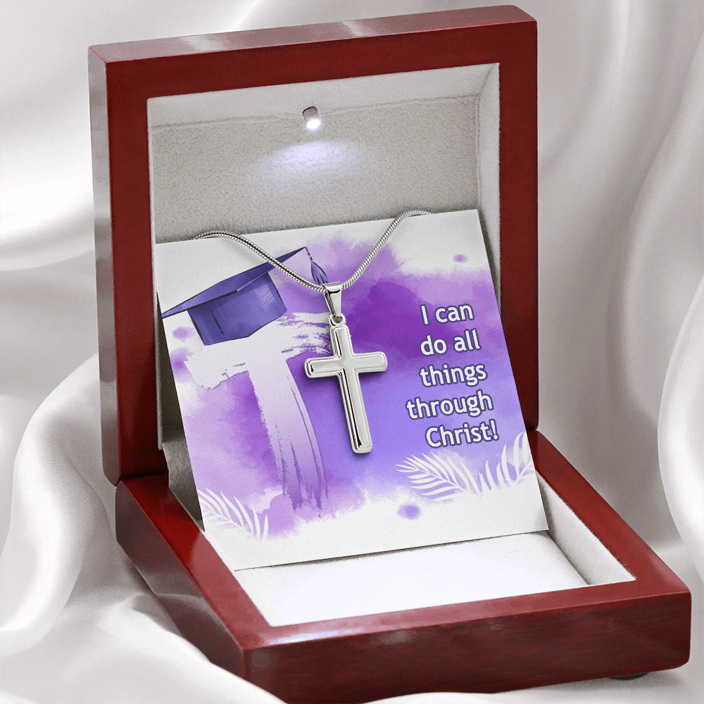 Artisan Cross Necklace with Snake Chain - Graduation, Religion, I Can Do All Things