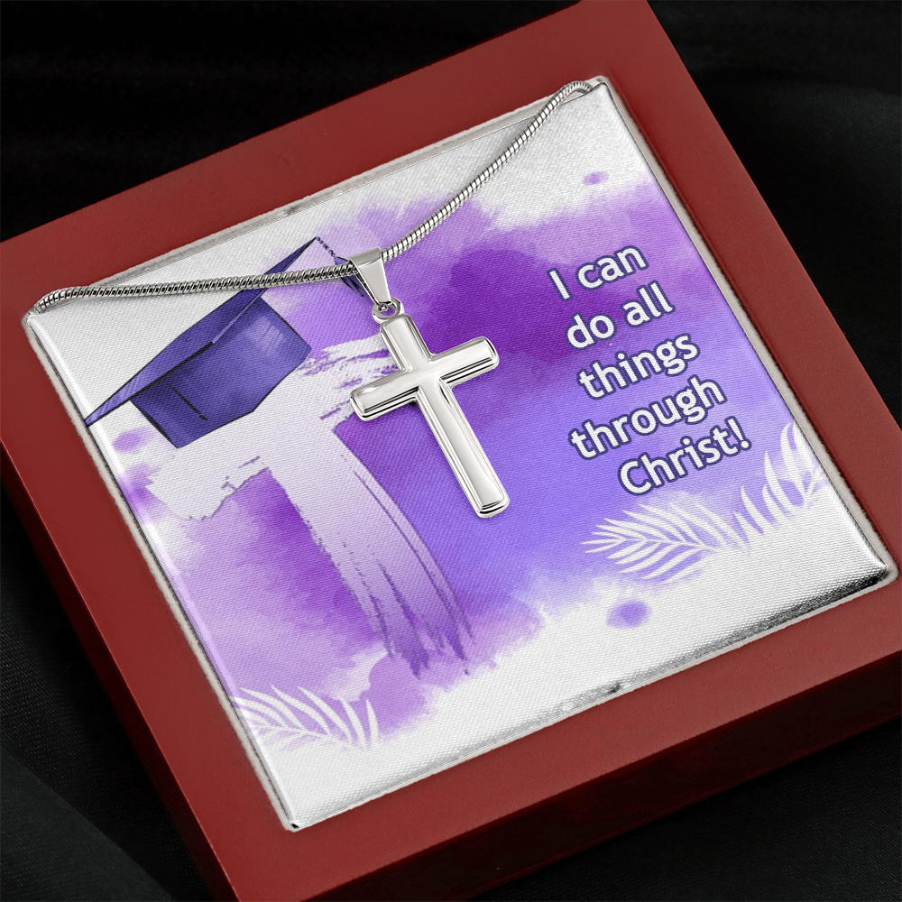 Artisan Cross Necklace with Snake Chain - Graduation, Religion, I Can Do All Things