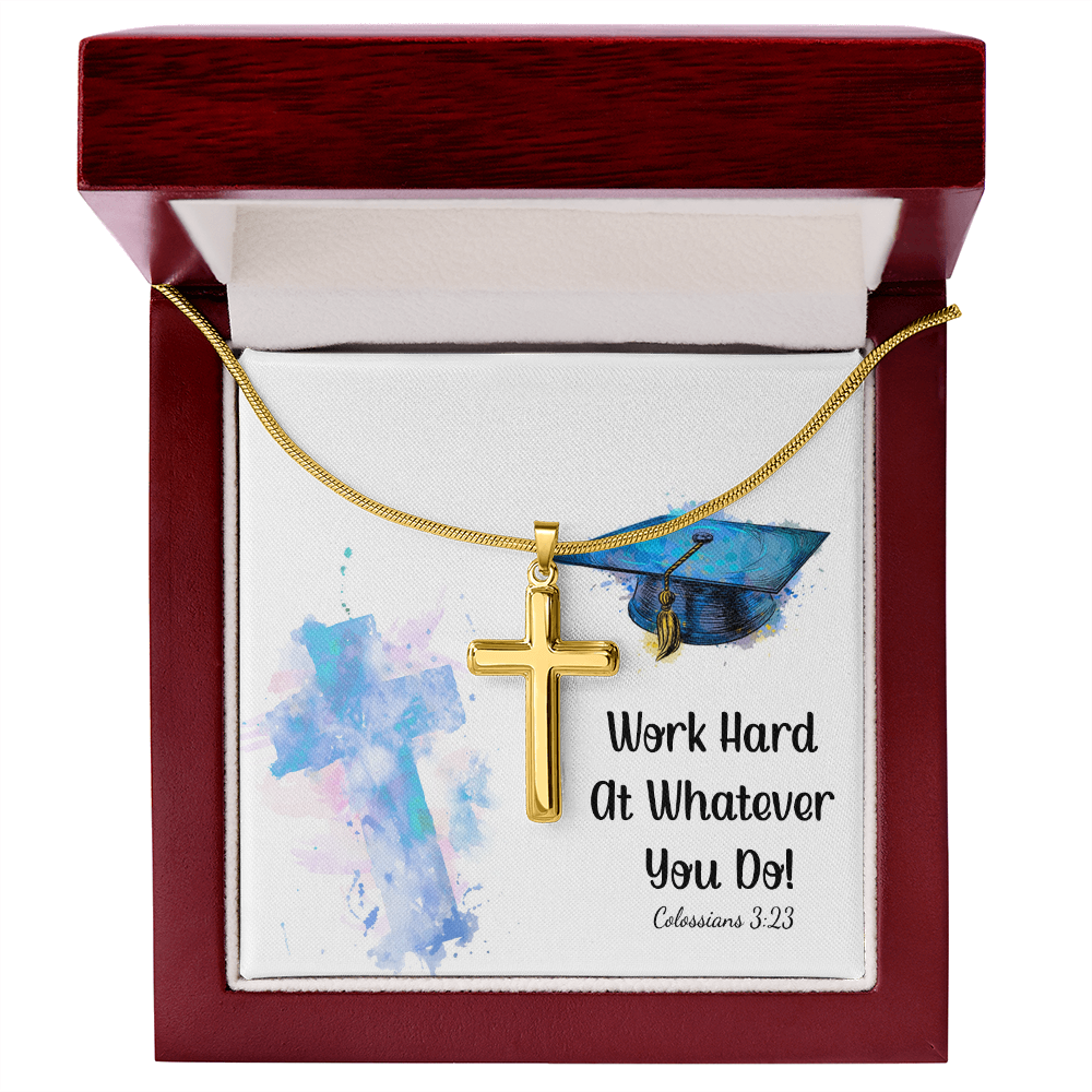 Artisan Cross Necklace with Snake Chain - Graduation, Religion, Work Hard At Whatever You Do