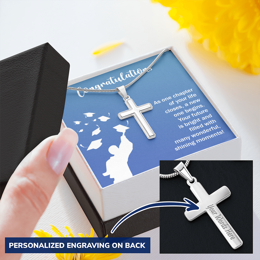 Personalized Cross Necklace with Snake Chain - Graduation, Congratulations
