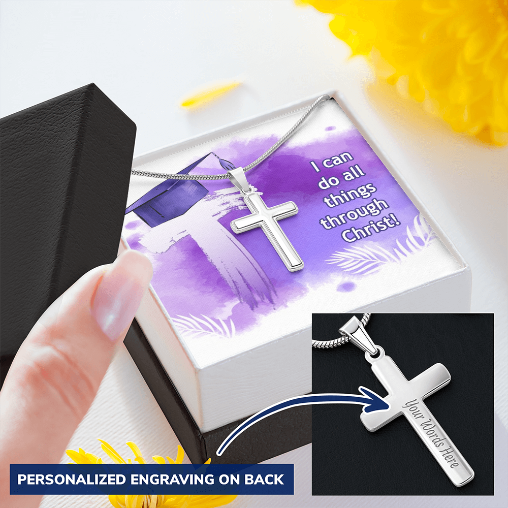 Personalized Cross Necklace with Ball Chain - Graduation, Religion, I Can Do All Things