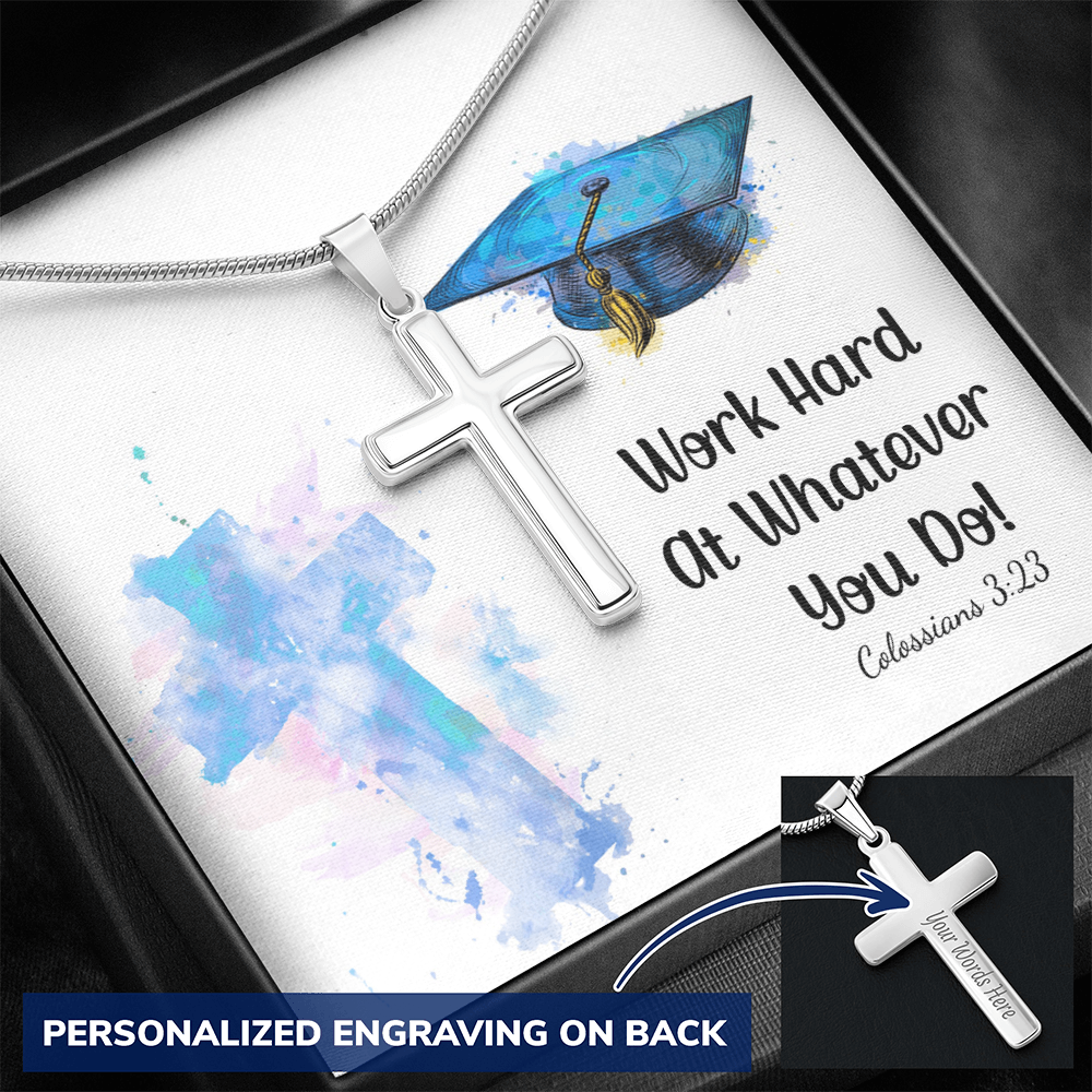 Personalized Cross Necklace with Snake Chain - Graduation, Religion, Work Hard At Whatever You Do