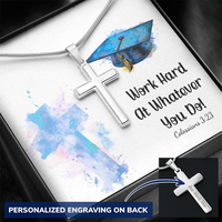 Personalized Cross Necklace with Snake Chain - Graduation, Religion, Work Hard At Whatever You Do