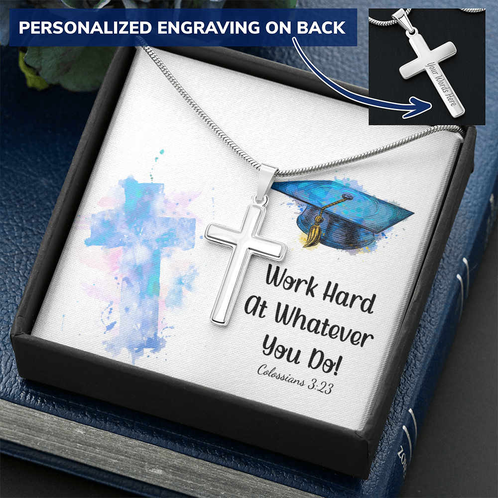 Personalized Cross Necklace with Snake Chain - Graduation, Religion, Work Hard At Whatever You Do
