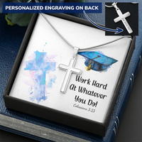 Personalized Cross Necklace with Snake Chain - Graduation, Religion, Work Hard At Whatever You Do