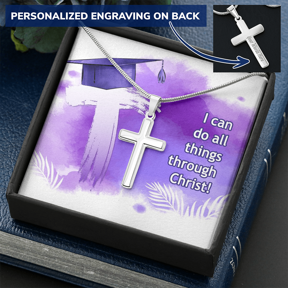 Personalized Cross Necklace with Ball Chain - Graduation, Religion, I Can Do All Things