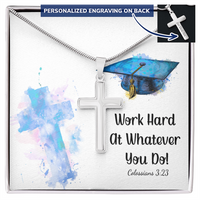 Personalized Cross Necklace with Snake Chain - Graduation, Religion, Work Hard At Whatever You Do