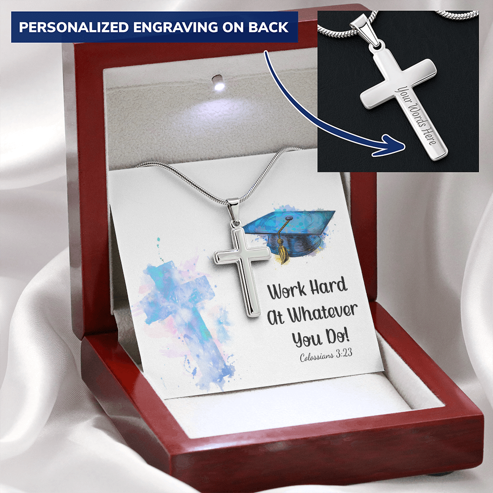 Personalized Cross Necklace with Snake Chain - Graduation, Religion, Work Hard At Whatever You Do