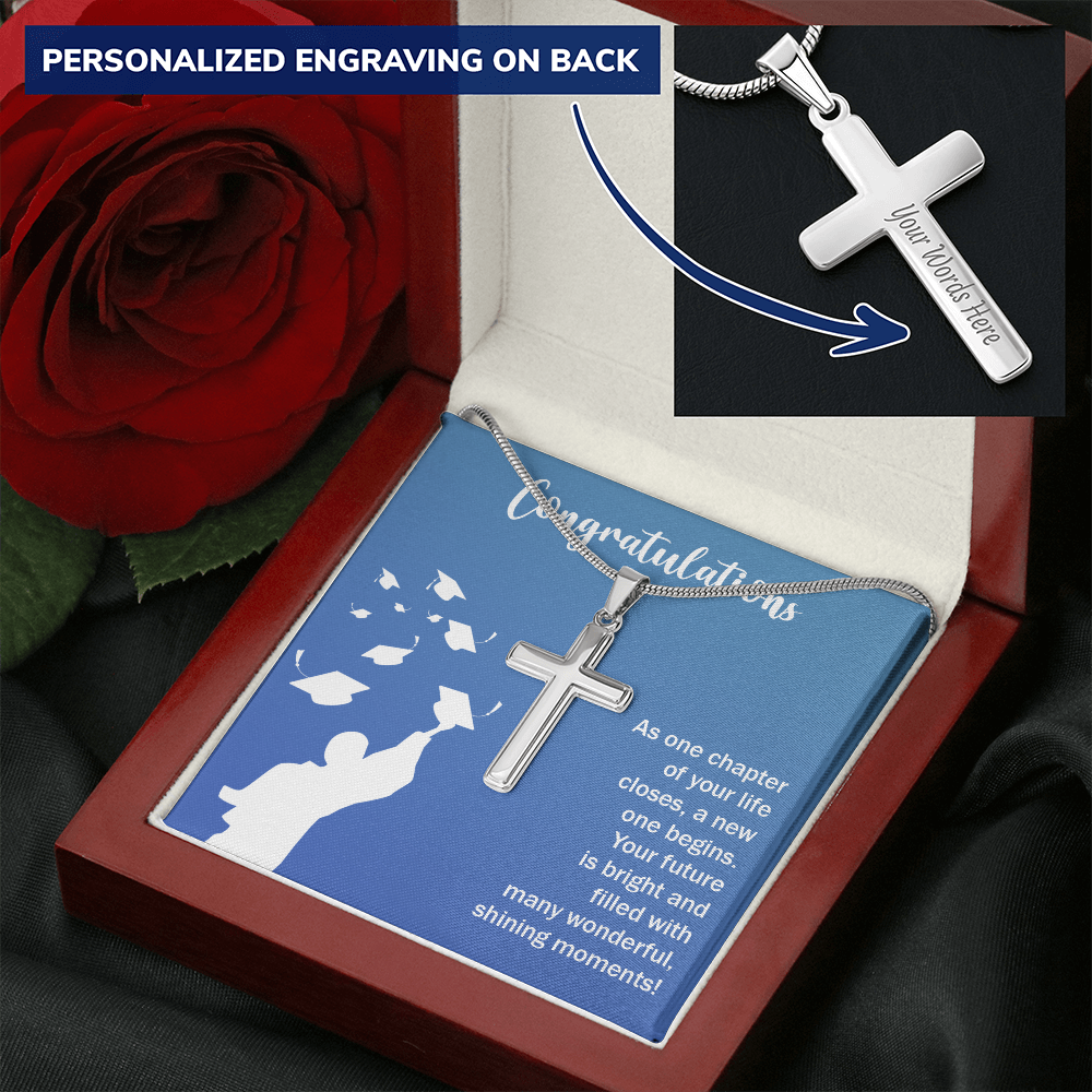 Personalized Cross Necklace with Snake Chain - Graduation, Congratulations