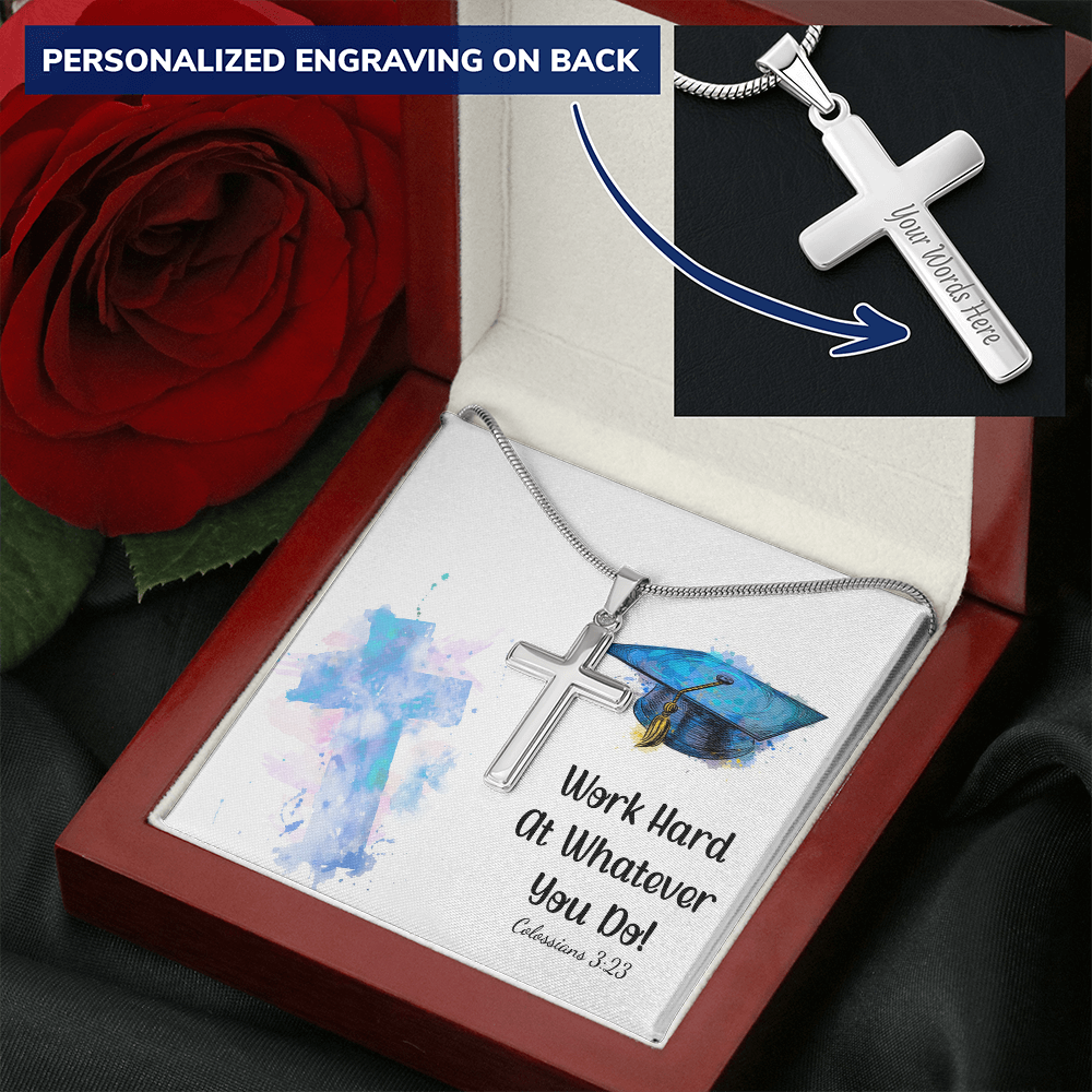 Personalized Cross Necklace with Snake Chain - Graduation, Religion, Work Hard At Whatever You Do