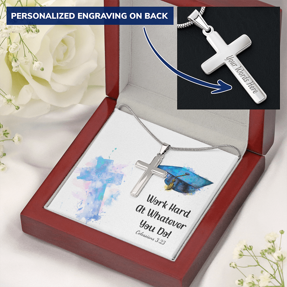 Personalized Cross Necklace with Snake Chain - Graduation, Religion, Work Hard At Whatever You Do