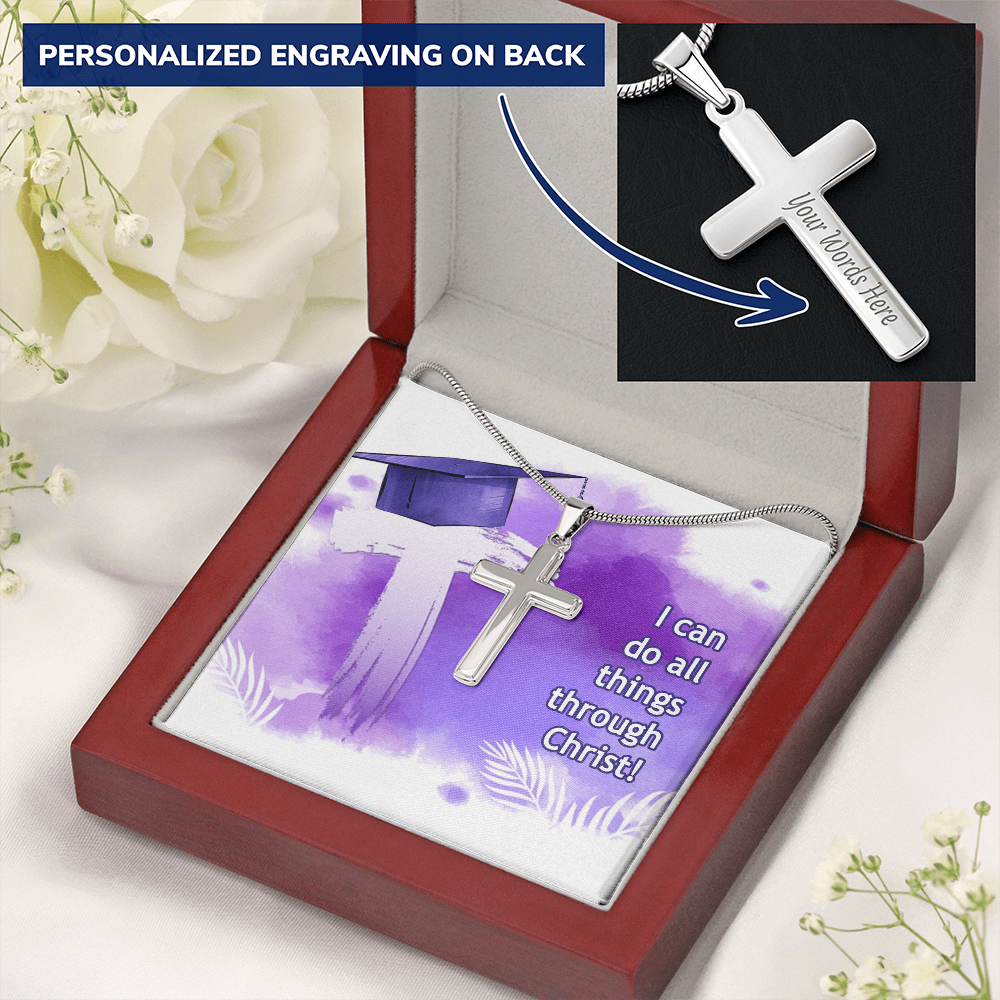 Personalized Cross Necklace with Ball Chain - Graduation, Religion, I Can Do All Things