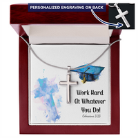 Personalized Cross Necklace with Snake Chain - Graduation, Religion, Work Hard At Whatever You Do