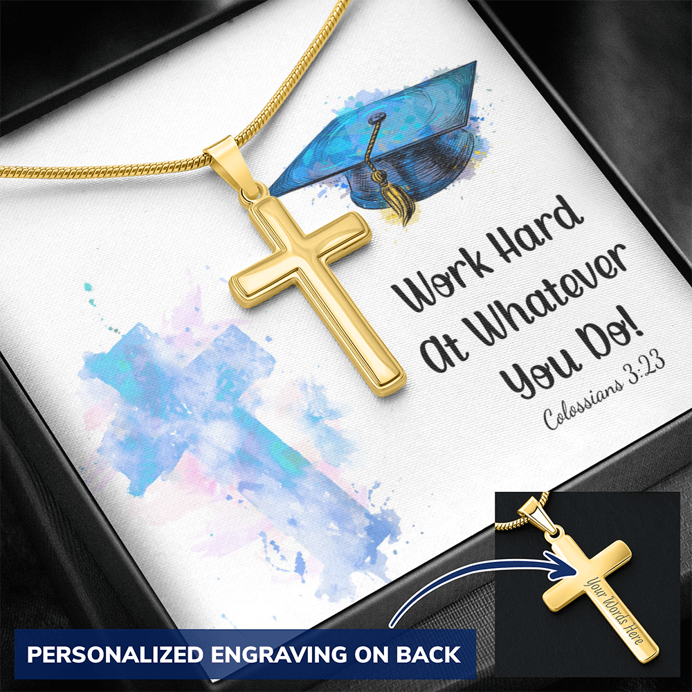 Personalized Cross Necklace with Snake Chain - Graduation, Religion, Work Hard At Whatever You Do