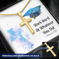 Personalized Cross Necklace with Snake Chain - Graduation, Religion, Work Hard At Whatever You Do