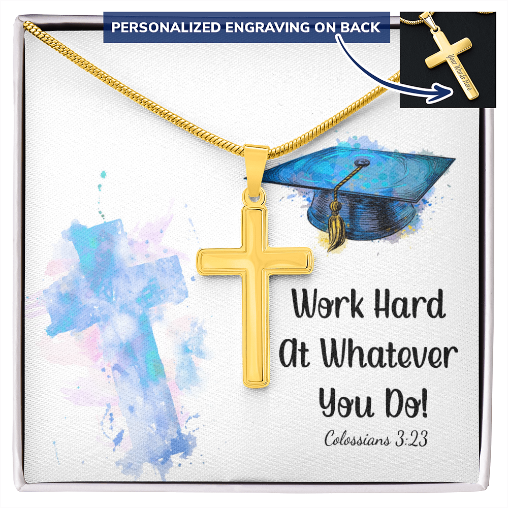 Personalized Cross Necklace with Snake Chain - Graduation, Religion, Work Hard At Whatever You Do