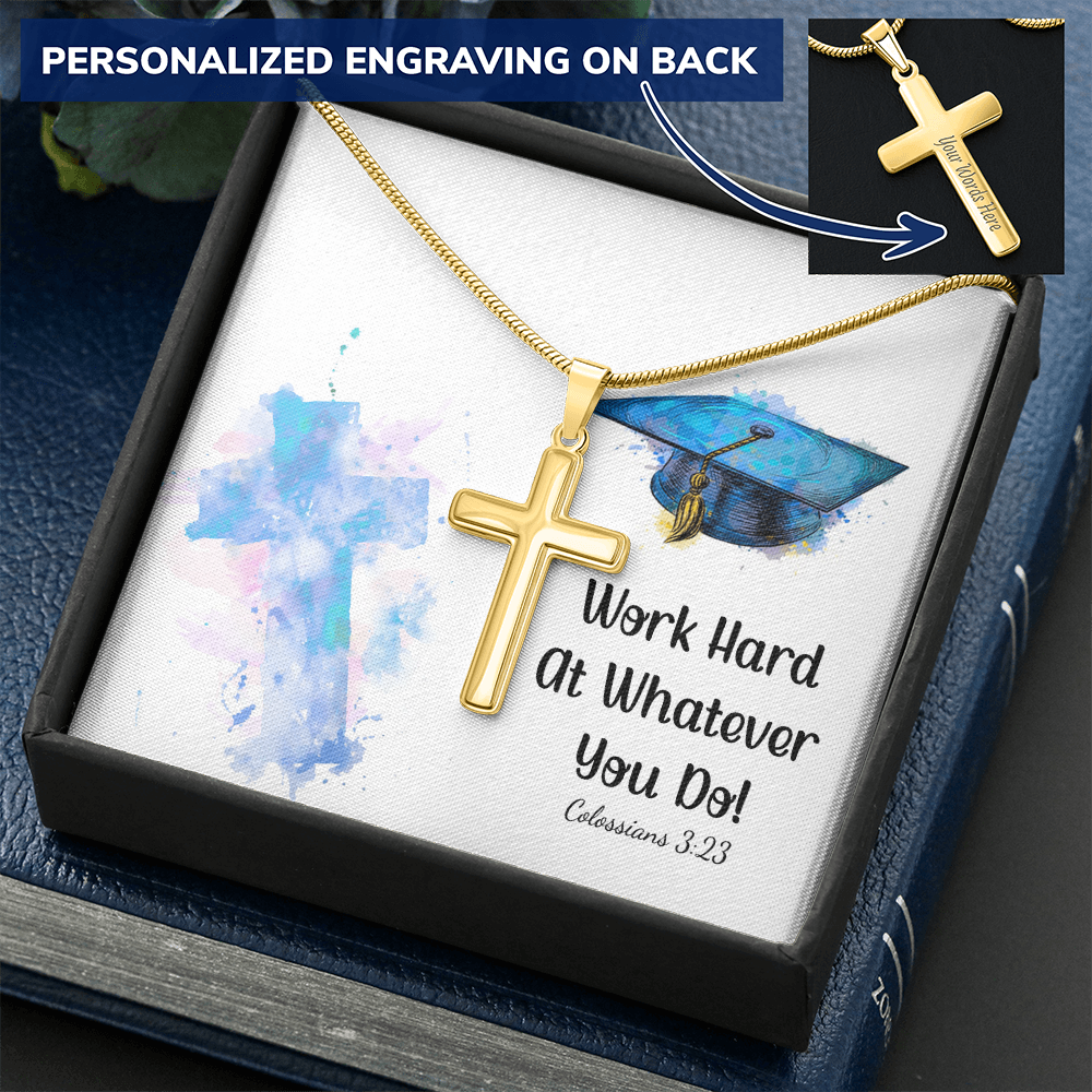 Personalized Cross Necklace with Snake Chain - Graduation, Religion, Work Hard At Whatever You Do