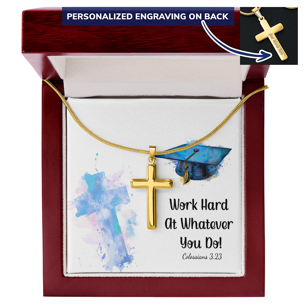 Personalized Cross Necklace with Snake Chain - Graduation, Religion, Work Hard At Whatever You Do