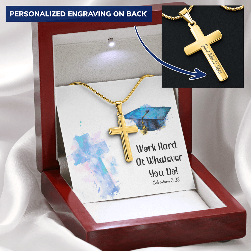 Personalized Cross Necklace with Snake Chain - Graduation, Religion, Work Hard At Whatever You Do