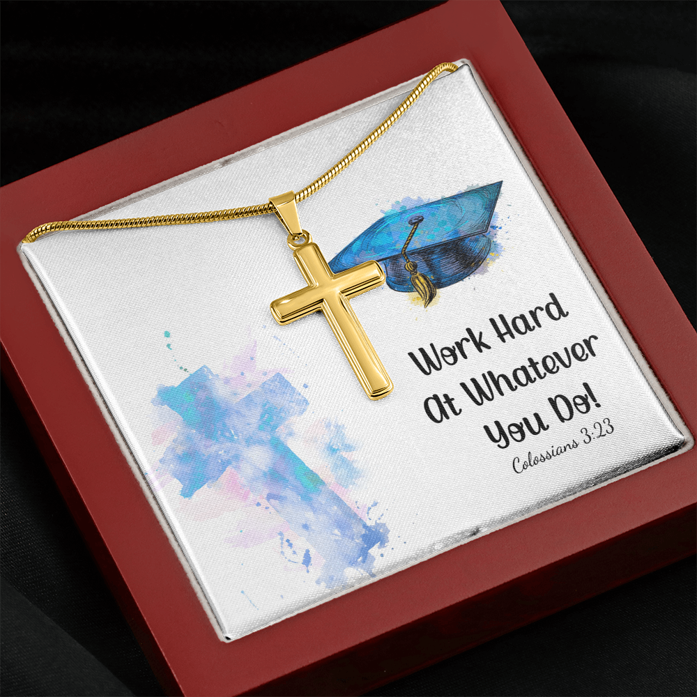 Personalized Cross Necklace with Snake Chain - Graduation, Religion, Work Hard At Whatever You Do