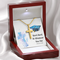 Personalized Cross Necklace with Snake Chain - Graduation, Religion, Work Hard At Whatever You Do