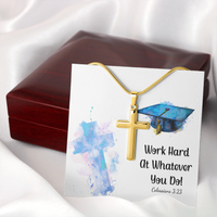 Personalized Cross Necklace with Snake Chain - Graduation, Religion, Work Hard At Whatever You Do
