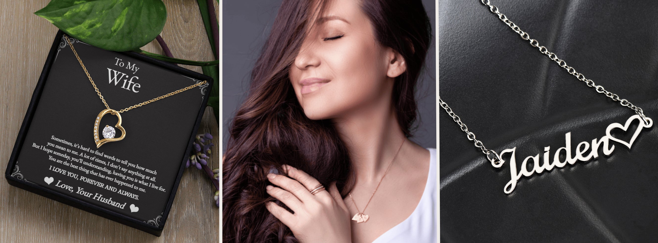 heart-shaped necklace with engraved message, woman wearing a nameplate necklace, and 'Jaiden' nameplate necklace