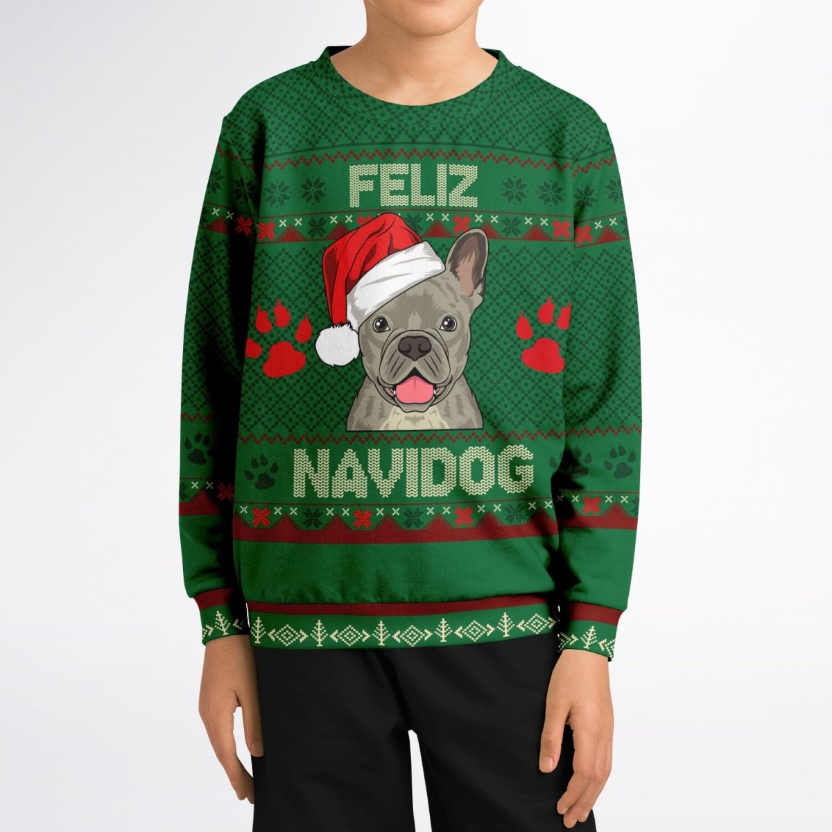 Feliz Navidog - French Bulldog - Athletic Kids/Youth Ugly Christmas Sweater - TreasuredTale