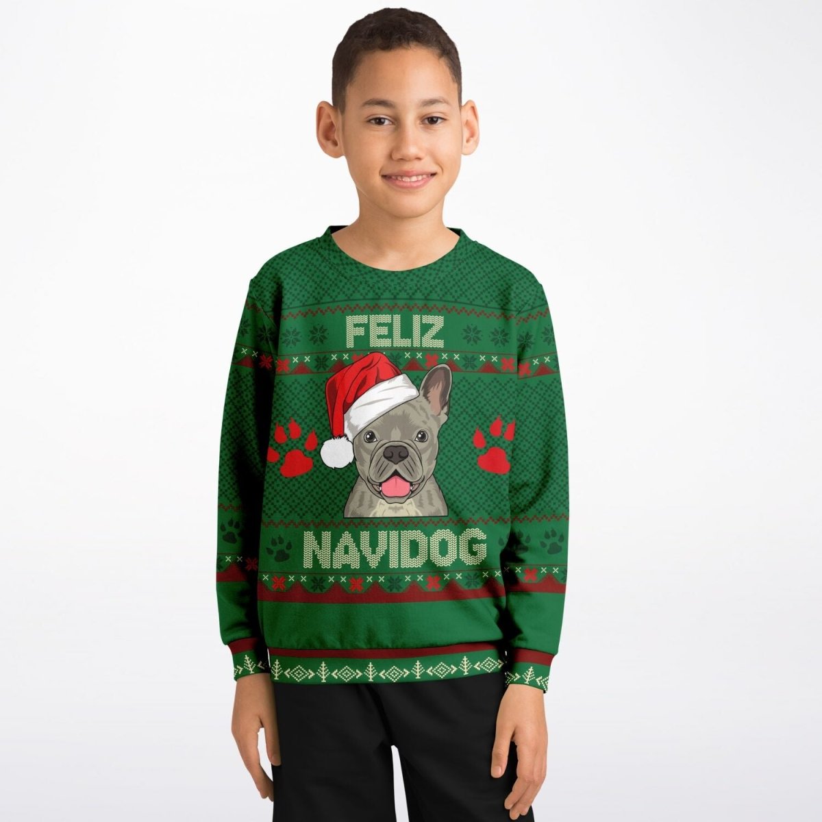 Feliz Navidog - French Bulldog - Athletic Kids/Youth Ugly Christmas Sweater - TreasuredTale