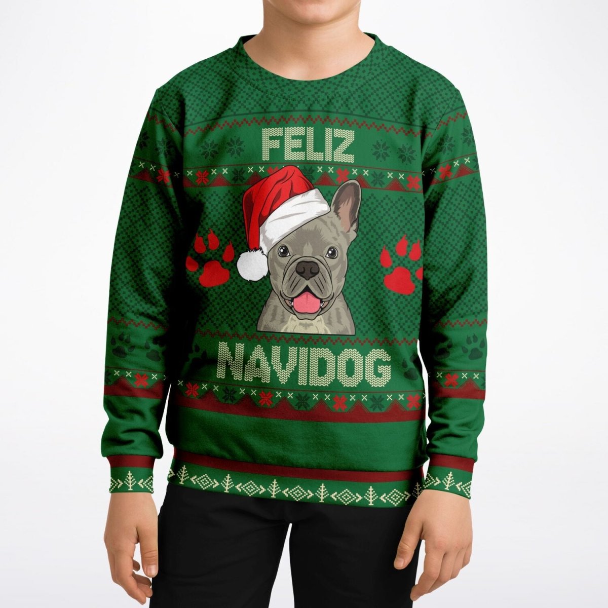 Feliz Navidog - French Bulldog - Athletic Kids/Youth Ugly Christmas Sweater - TreasuredTale