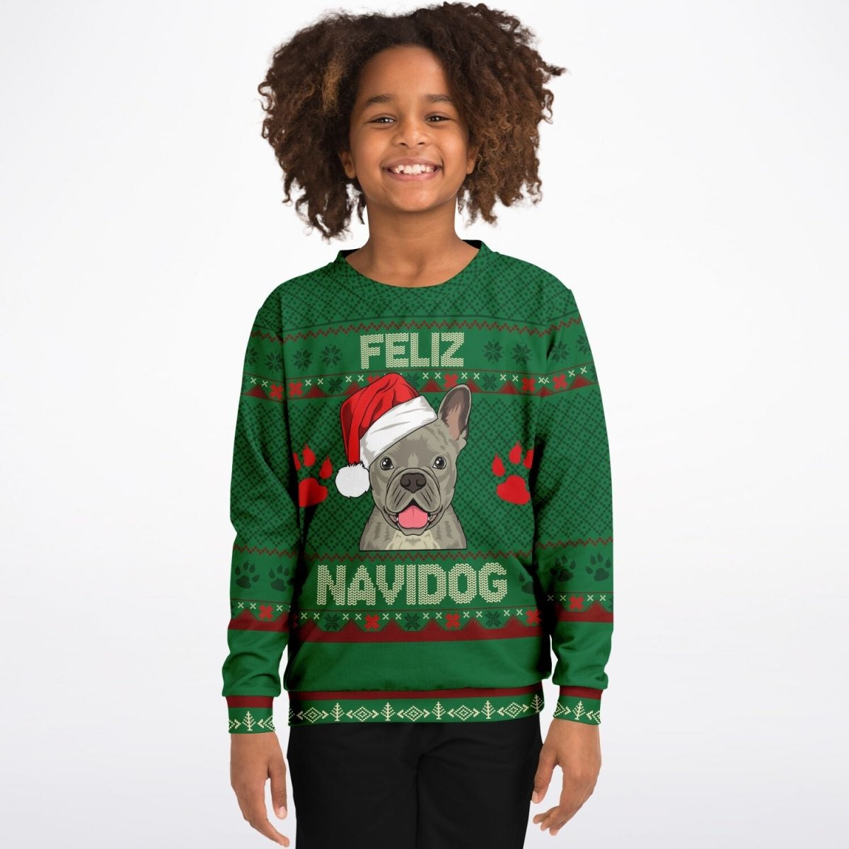 Feliz Navidog - French Bulldog - Athletic Kids/Youth Ugly Christmas Sweater - TreasuredTale