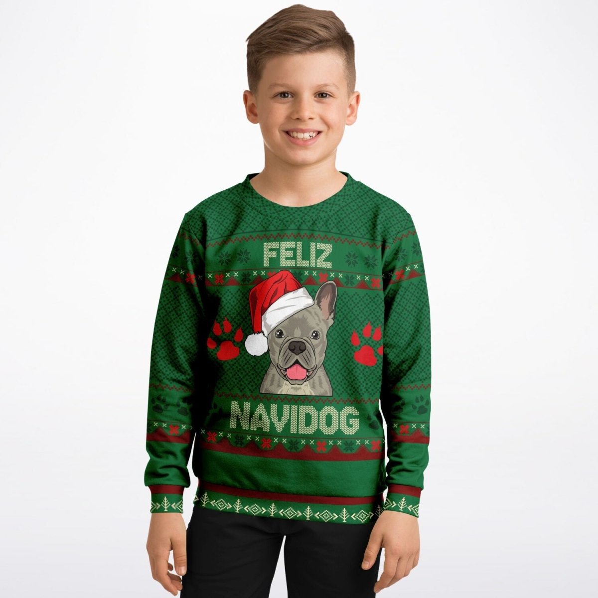 Feliz Navidog - French Bulldog - Athletic Kids/Youth Ugly Christmas Sweater - TreasuredTale