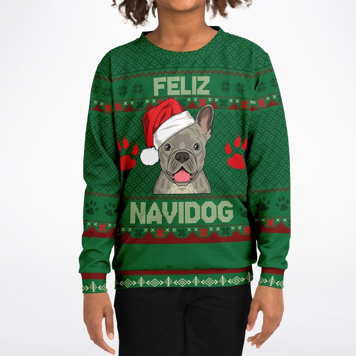 Feliz Navidog - French Bulldog - Athletic Kids/Youth Ugly Christmas Sweater - TreasuredTale
