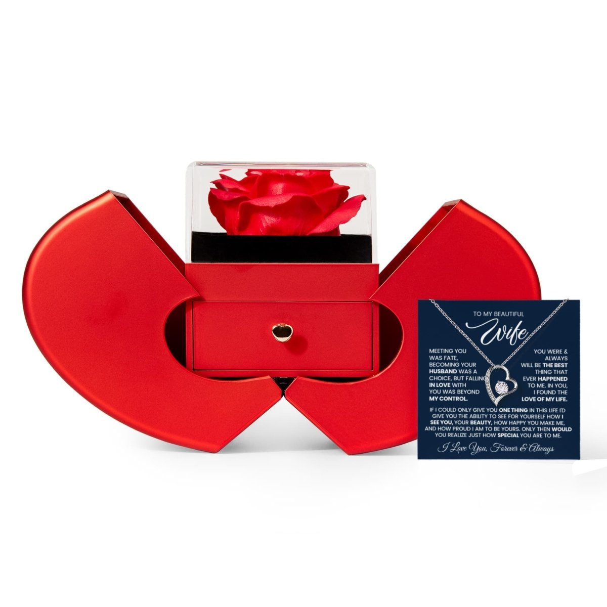 Forever Love Necklace with Red Heart Rose Box - Gift for Wife - TreasuredTale
