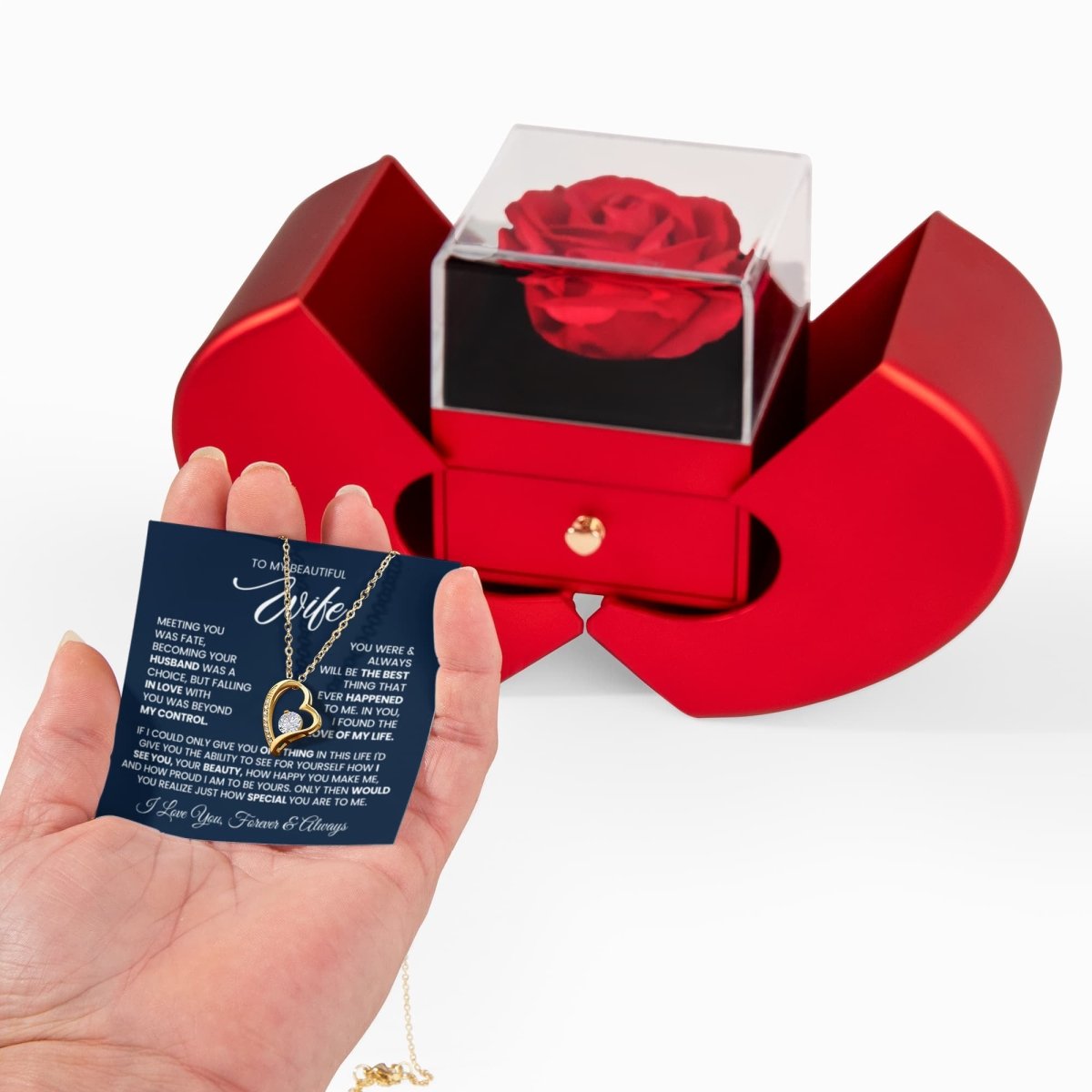Forever Love Necklace with Red Heart Rose Box - Gift for Wife - TreasuredTale