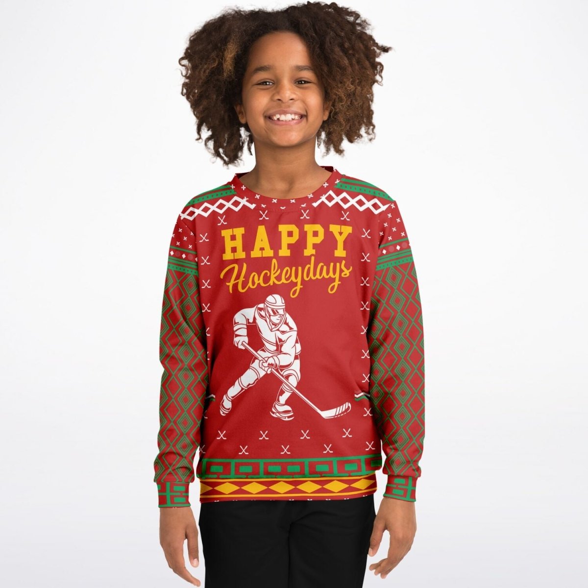 Happy Hockeydays - Athletic Kids/Youth Ugly Christmas Sweater - TreasuredTale