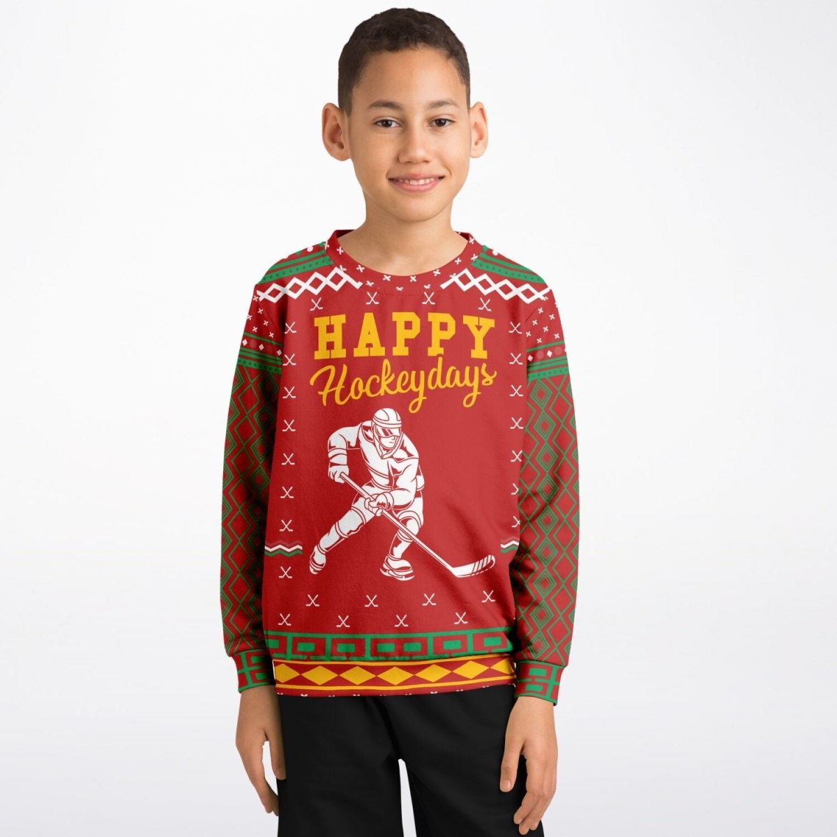 Happy Hockeydays - Athletic Kids/Youth Ugly Christmas Sweater - TreasuredTale