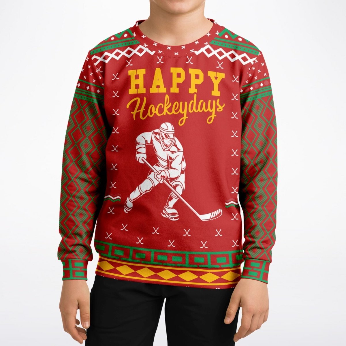 Happy Hockeydays - Athletic Kids/Youth Ugly Christmas Sweater - TreasuredTale
