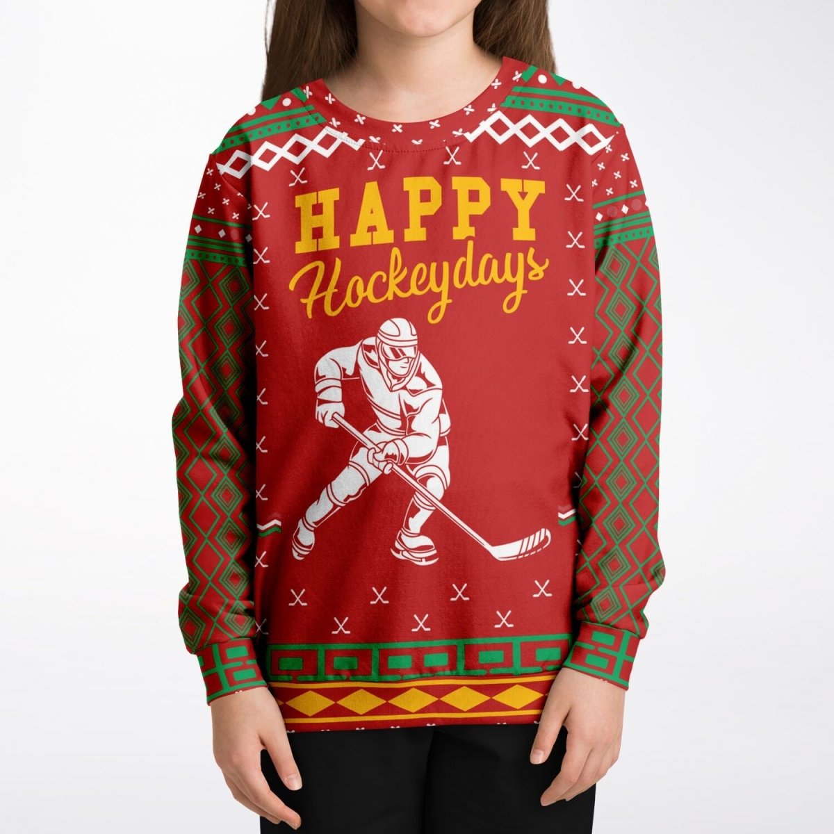 Happy Hockeydays - Athletic Kids/Youth Ugly Christmas Sweater - TreasuredTale
