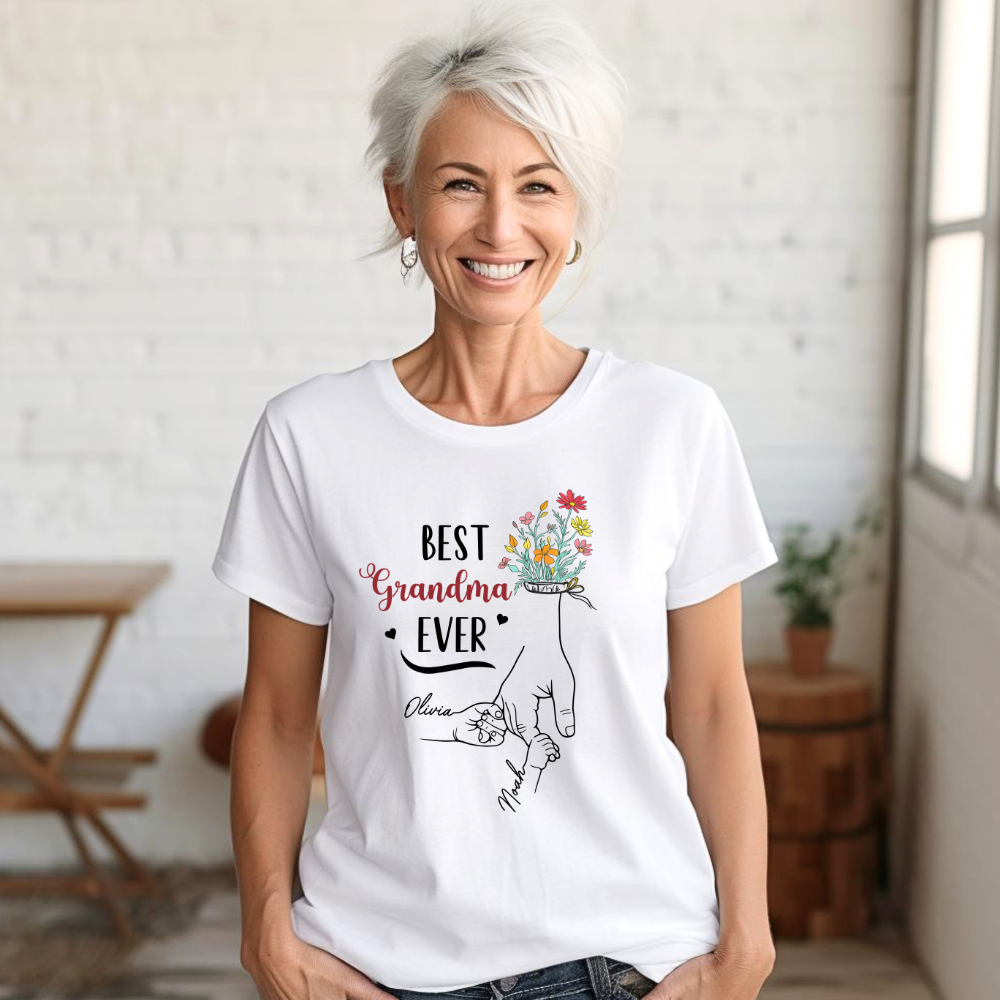 Personalized White T-Shirt for Grandma with Grandkids Names - Mother's Day Gift