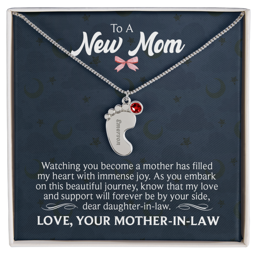Engraved Baby Feet Necklace with Birthstone for Daughter-In-Law from Mother-In-Law - Mother's Day Gift