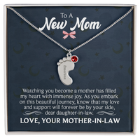 Engraved Baby Feet Necklace with Birthstone for Daughter-In-Law from Mother-In-Law - Mother's Day Gift