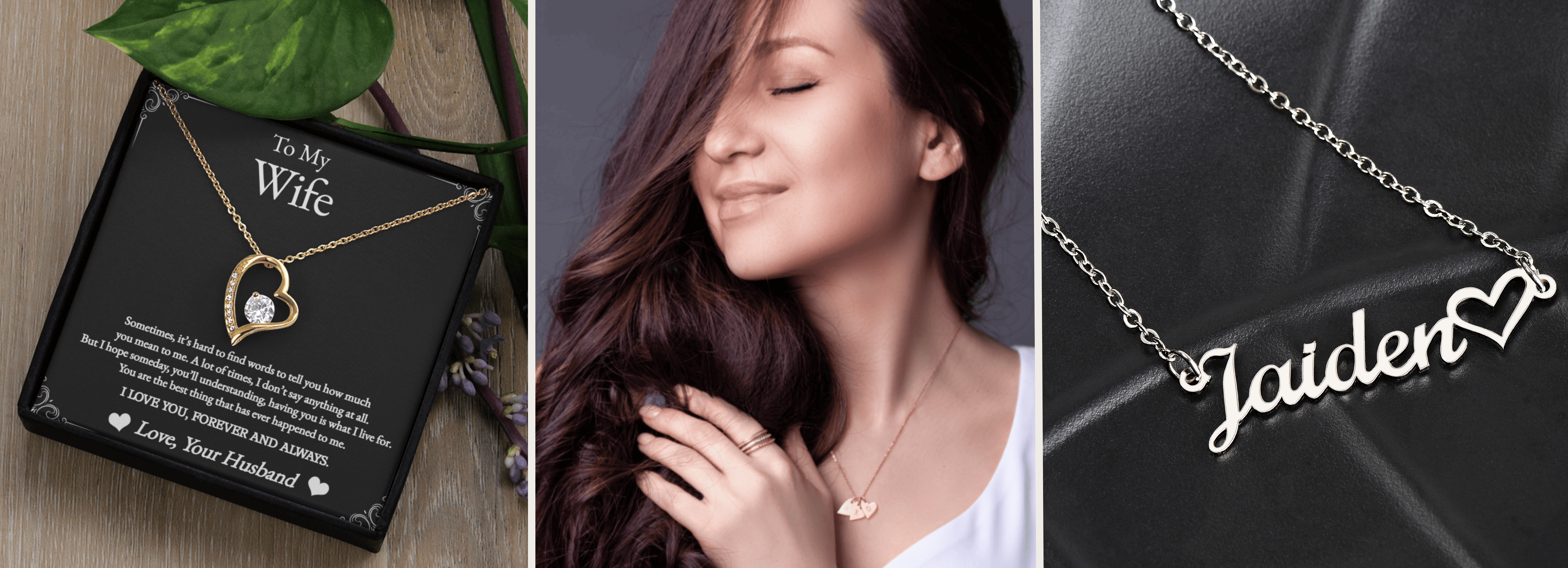 Heart-shaped necklace with engraved message, woman wearing a similar necklace, and 'Jaiden' name necklace on a dark background