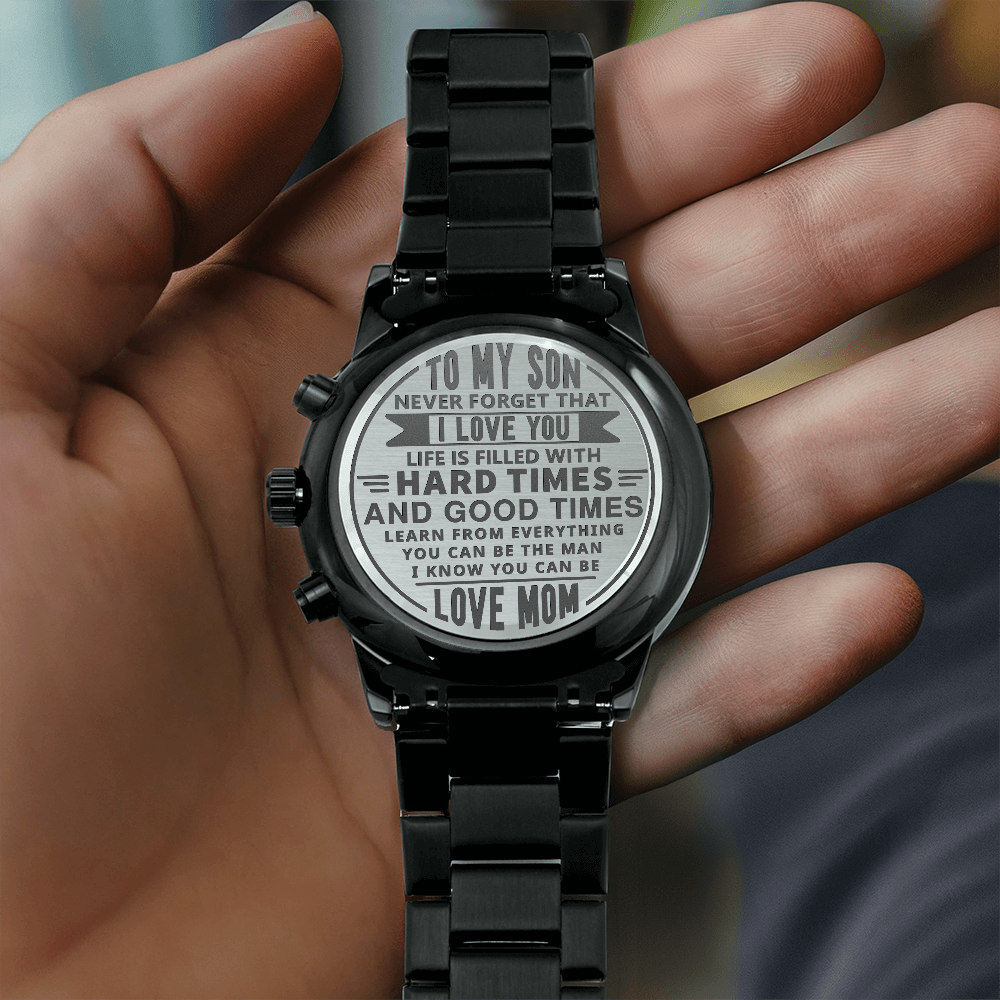 Son - Non - Message Card Black Chronograph Watch with Engraving - TreasuredTale