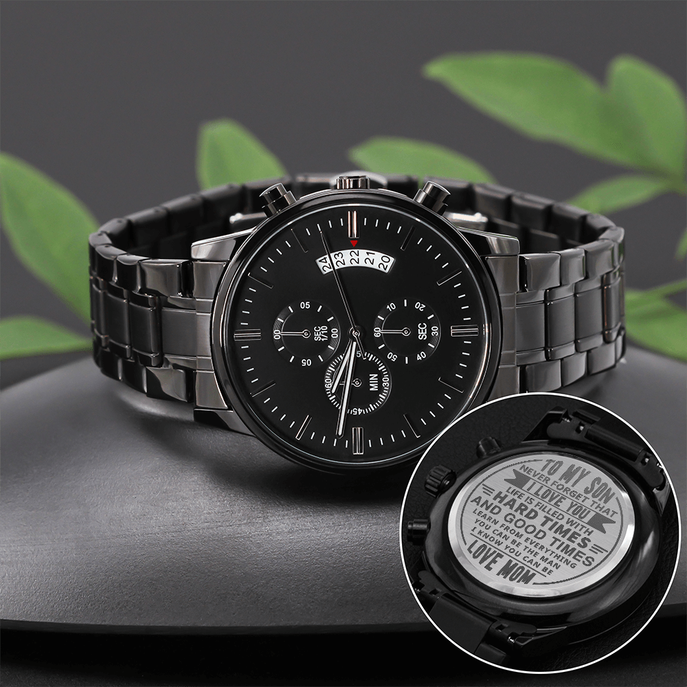 Son - Non - Message Card Black Chronograph Watch with Engraving - TreasuredTale
