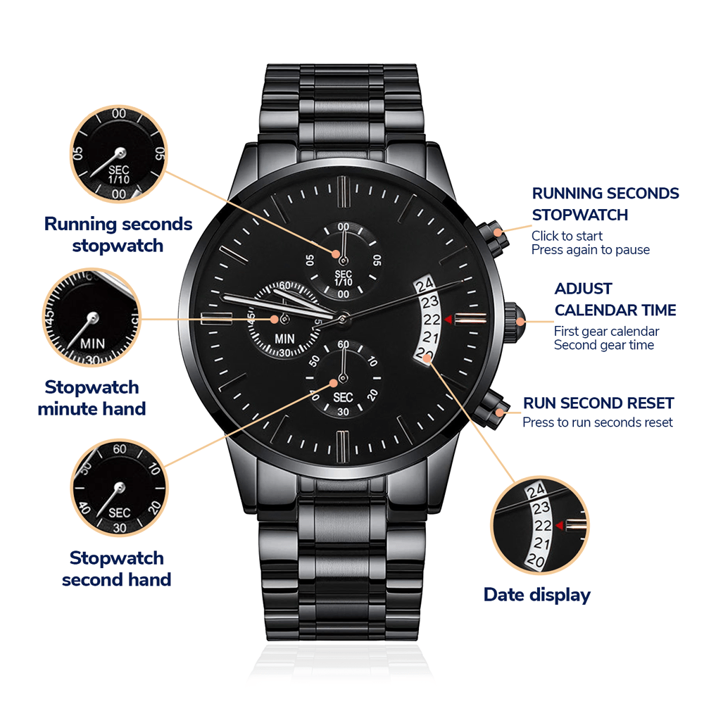 Son - Non - Message Card Black Chronograph Watch with Engraving - TreasuredTale